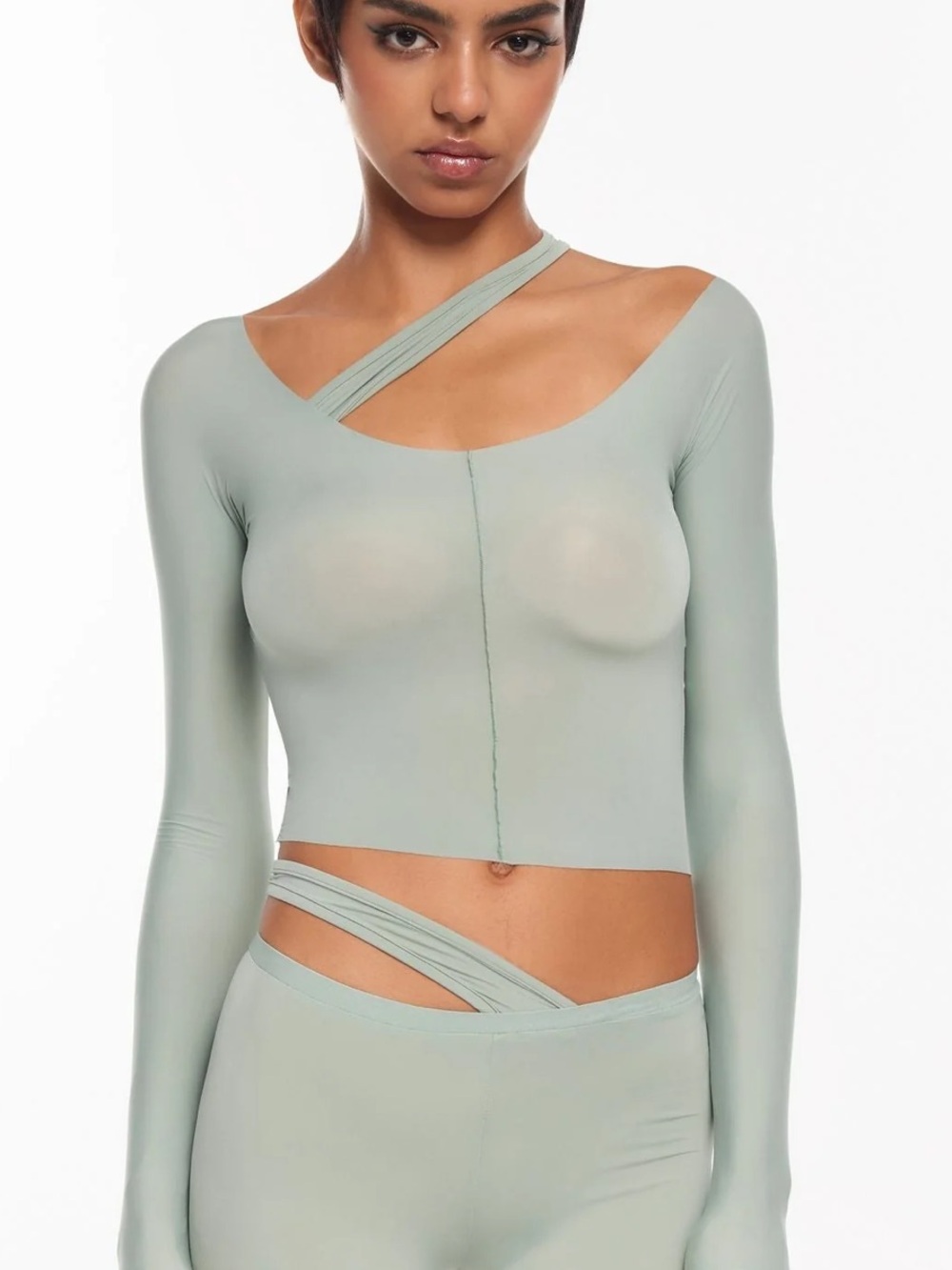 The Kript MINT HIKO TOP Sage Asymmetric Strap Long-Sleeve Crop Top small